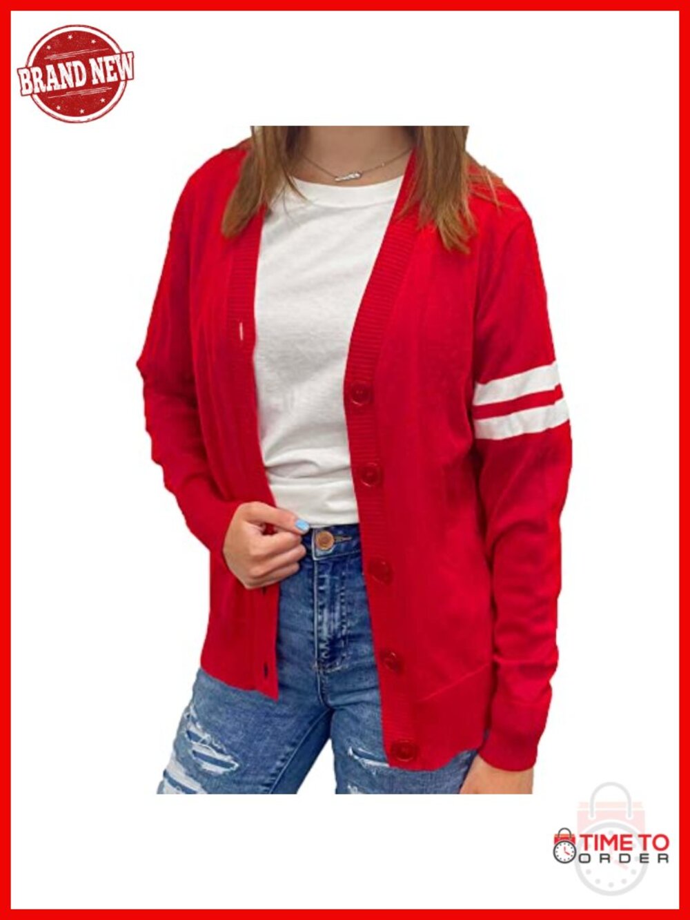 Women's V-Neck Letterman Cardigan Sweater - Button Up Knit, Cotton Blend,